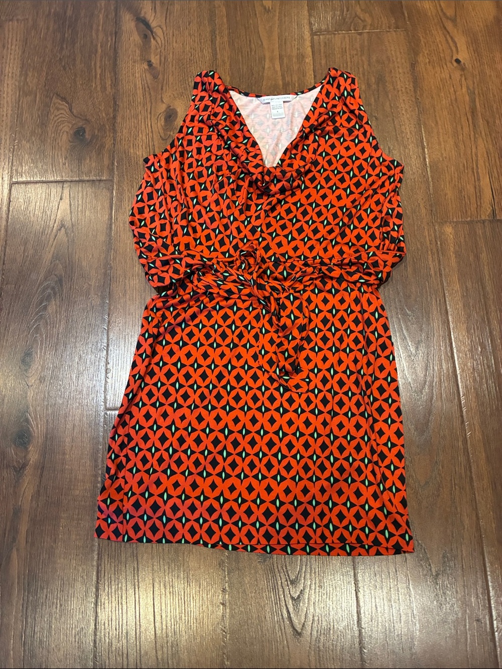 Diane Von Furstenberg Orange and Black Geometric Wrap Dress with Green Accents